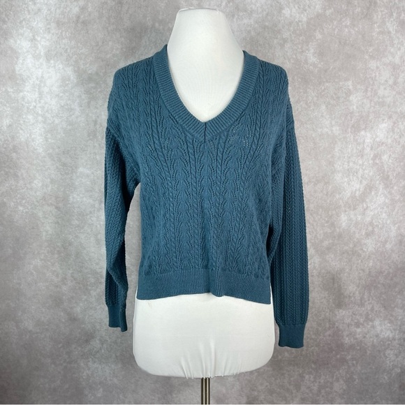 Saturday Sunday x Anthropologie Teal V-Neck Pointelle Knit Sweater Size XS - Picture 1 of 7